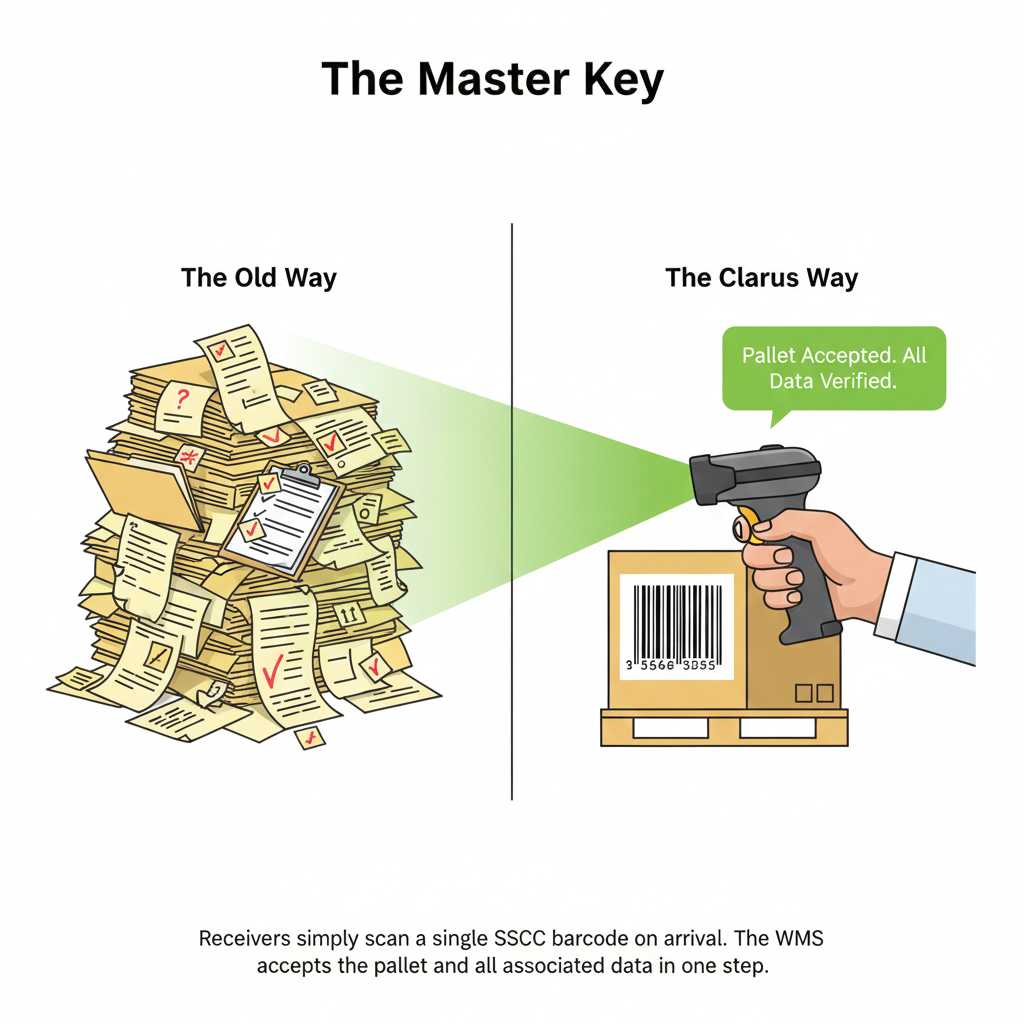 Infographic comparing paperwork heavy receiving with a single sscc barcode scan in clarus wms