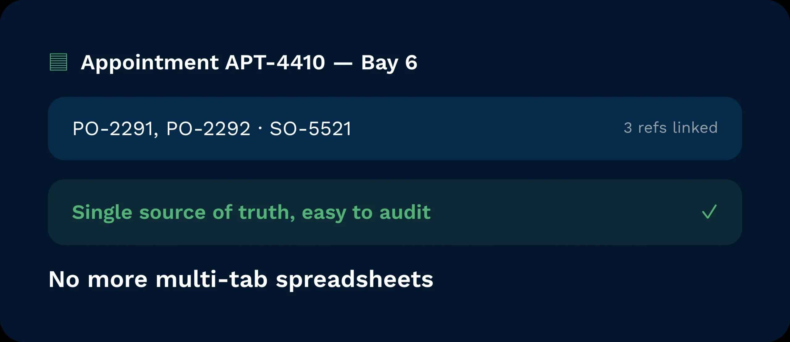 An appointment linking purchase and sales order references together as a single, auditable record.