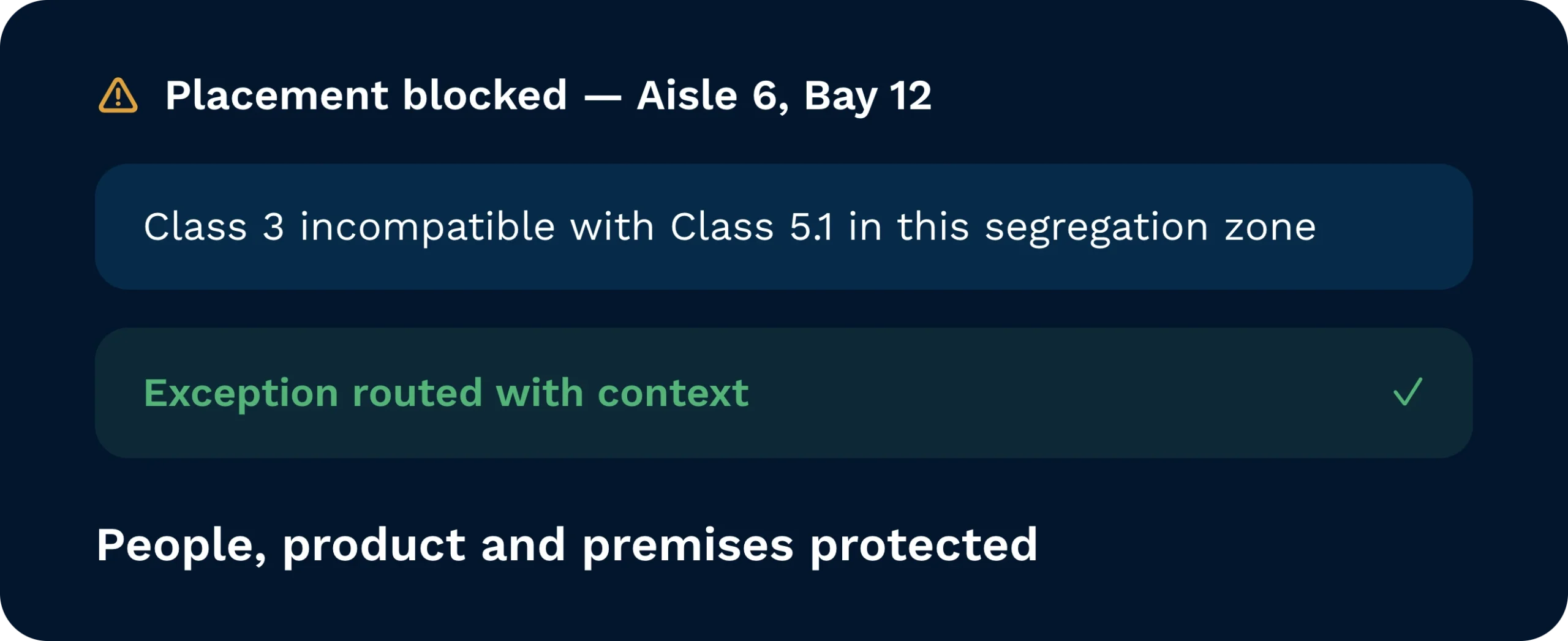 Hazard report filtered by class showing 142 class 3 items, 57 class 8 items, and 9 flagged as high risk.