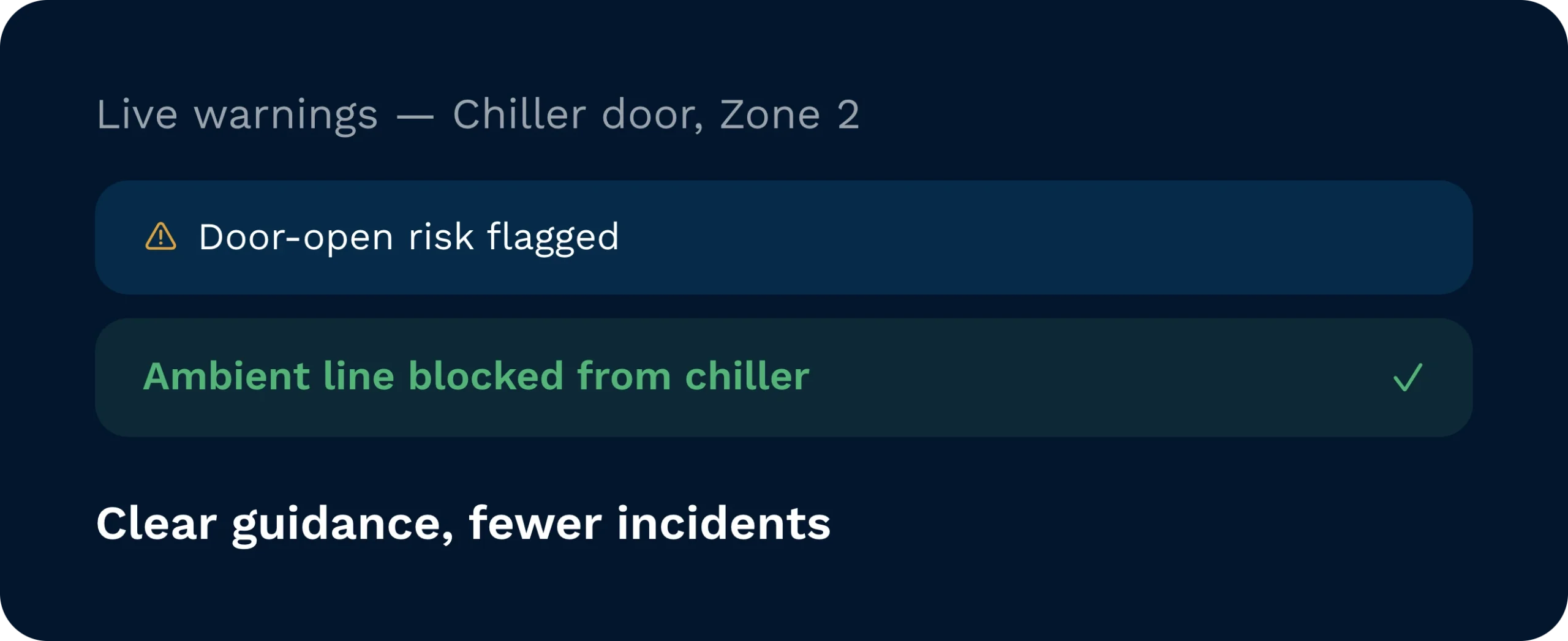 Live warning for the chiller door in zone 2 flagging a door-open risk, with the ambient line automatically blocked from the chiller.