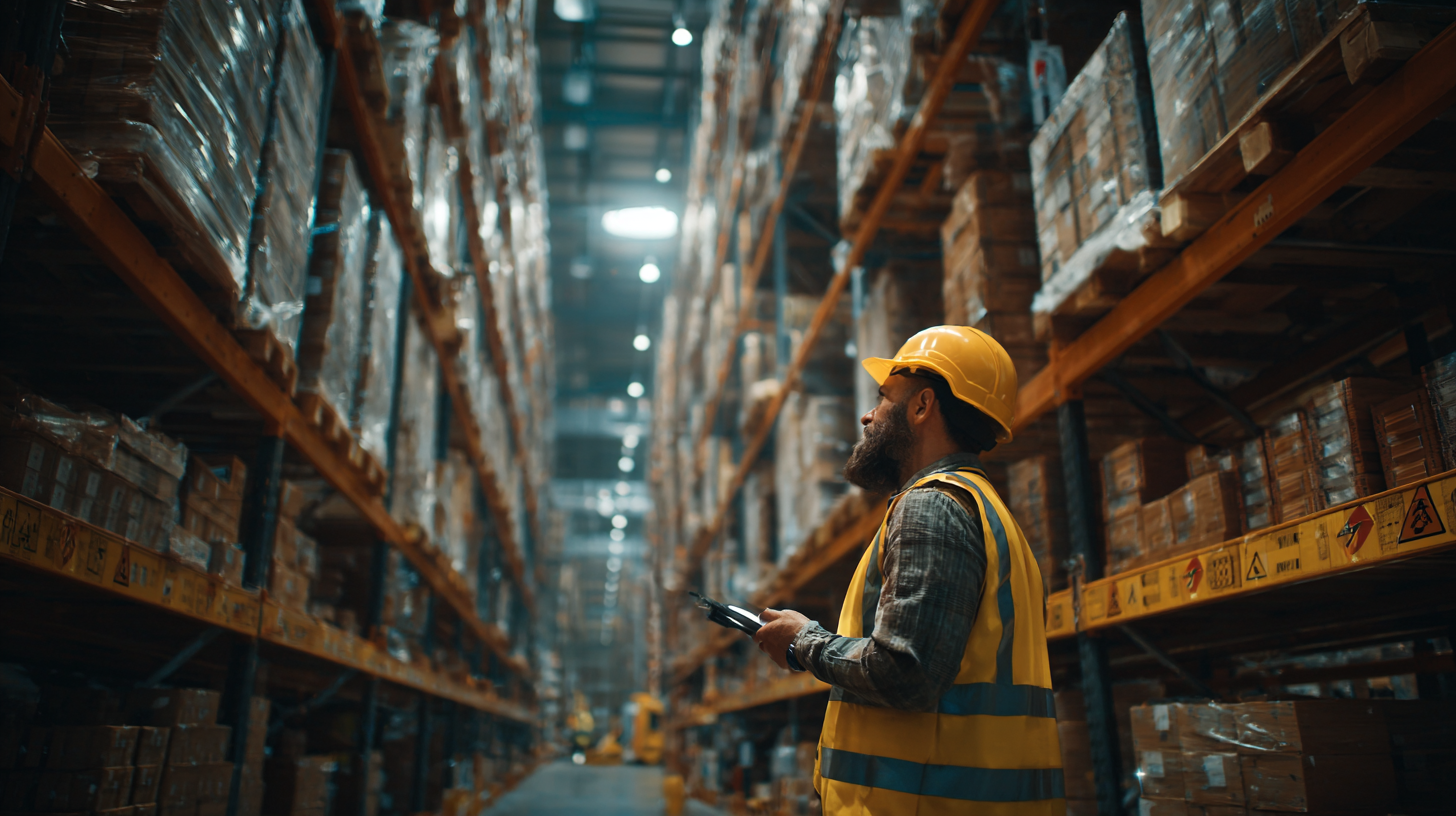 Warehouse manager follows handheld prompts for compliant hazmat storage.