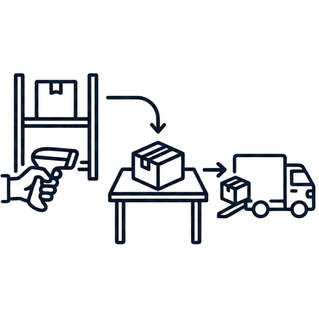 Icon of a packed box moving from a packing bench onto a despatch lorry