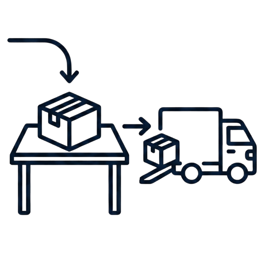 Icon of a packed box moving from a packing bench onto a despatch lorry