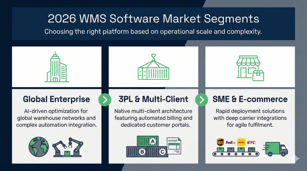 Infographic of 2026 wms market segments for global enterprise, 3pl and sme e-commerce