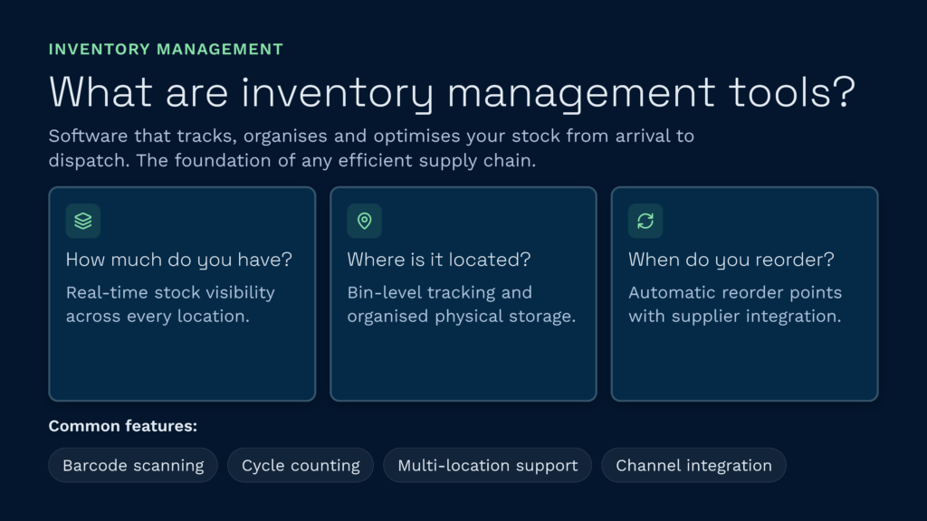 What are inventory management tools? | clarus wms An infographic by clarus wms explaining how inventory management tools track, organize, and optimize warehouse stock from arrival to dispatch. It highlights essential software capabilities including real-time stock visibility, bin-level tracking, automatic reorder points, and barcode scanning.