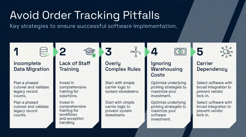A horizontal 16:9 infographic titled "avoid order tracking pitfalls" set against a dark corporate blue background. The layout features five clean, white vertical panels aligned side-by-side, numbered one through five. Each panel addresses a specific strategy for successful software implementation: incomplete data migration, lack of staff training, overly complex rules, ignoring warehousing costs, and carrier dependency. Every column includes a simple dark line-art icon at the top and a short paragraph of explanatory text below the heading.
