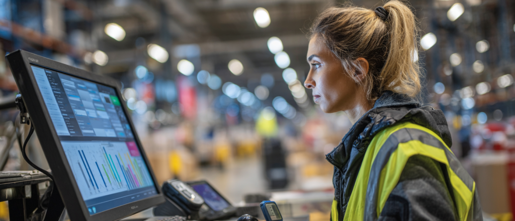 warehouse manager in a high-visibility vest (no helmet) stands at a workstation reviewing a large touchscreen monitor displaying a WMS dashboard