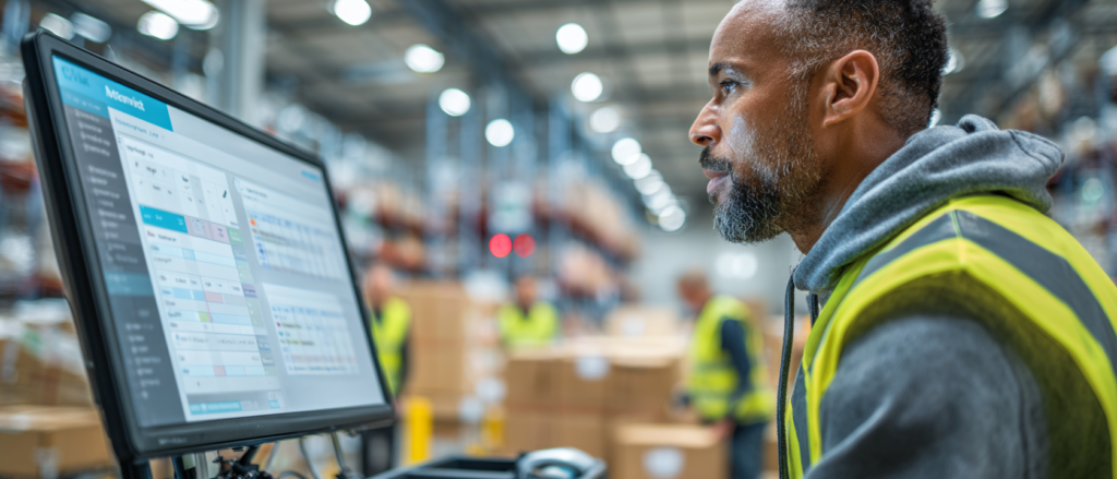 warehouse operations manager in a high-visibility vest (no helmet) stands at a WMS workstation terminal