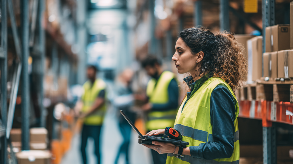 warehouse operations manager in a high-visibility vest (no helmet) holds a handheld barcode scanner
