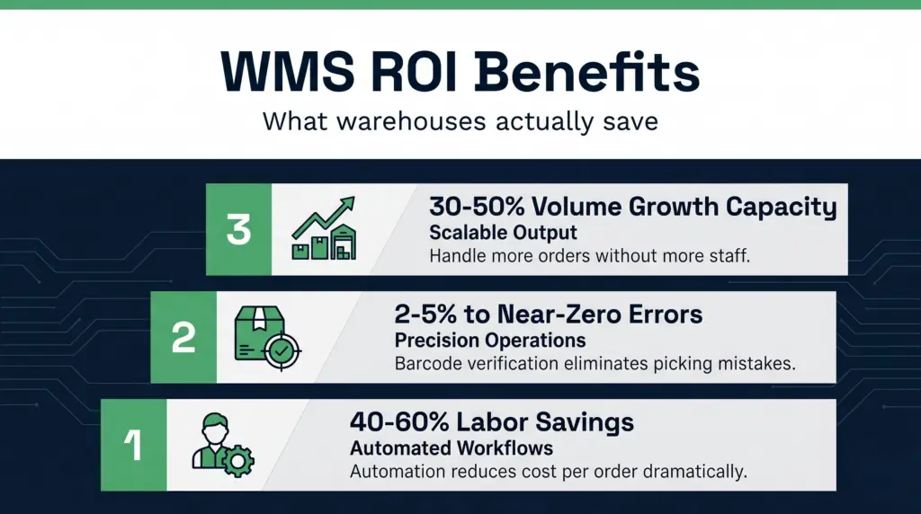 Cost breakdown showing how warehouse management system implementation delivers roi through labour cost reduction, faster order fulfilment, and improved accuracy