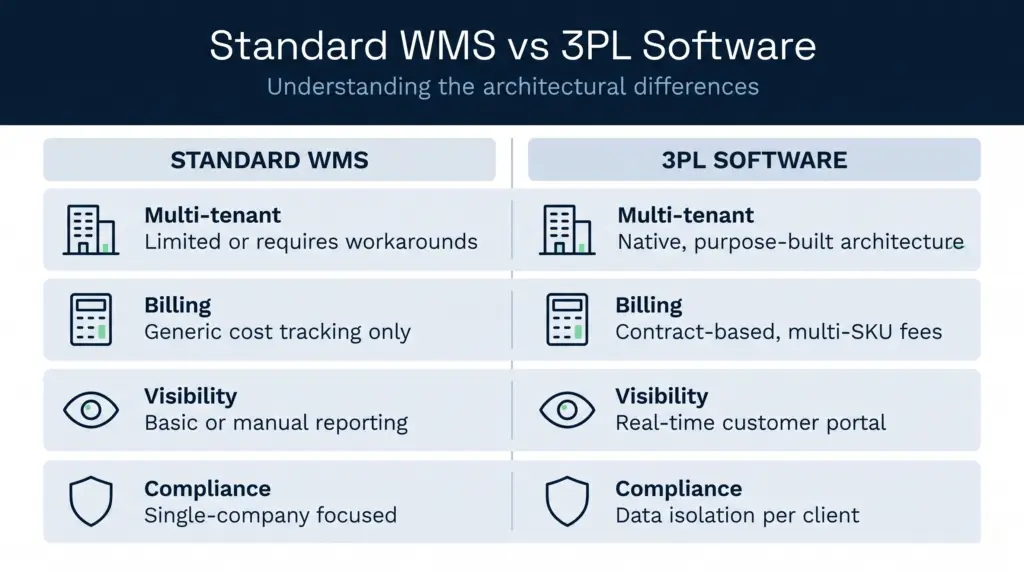 Jämförelsetabell som visar viktiga skillnader mellan standard WMS och tredjepartsleverantörer av lagerhanteringssystem när det gäller stöd för fleranvändarmiljöer, automatisk fakturering, kundinsyn och isolering av regelefterlevnad.