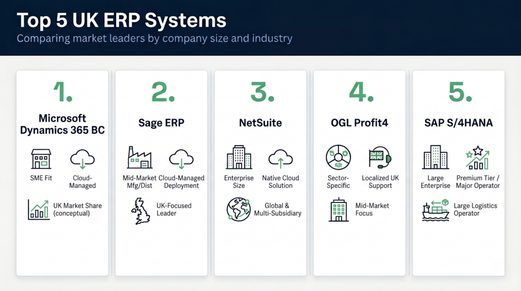A horizontal 16:9 infographic titled "top 5 uk erp systems: comparing market leaders by company size and industry. " the clean, corporate design features a dark blue header and five structured white panels ranking the software from 1 to 5 left to right: 1. Microsoft dynamics 365 bc, 2. Sage erp, 3. Netsuite, 4. Ogl profit4, and 5. Sap s/4hana. Each panel uses minimalist line-art icons and brief labels to show company size fit, deployment models, and industry focus.