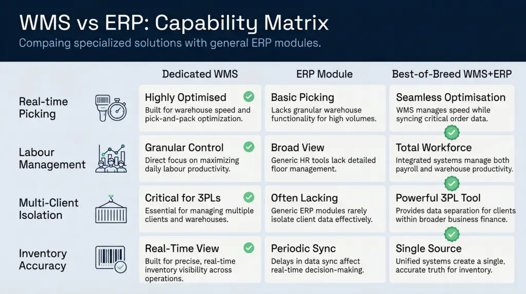 A comparison infographic matrix evaluating a dedicated wms, an erp module, and a best-of-breed wms+erp solution. The grid tracks four rows of operational features: real-time picking, labour management, multi-client isolation, and inventory accuracy. Designed in a professional tech corporate style with a deep blue background, light grey information cards, clear typography, and bright green checkmarks highlighting optimal features.