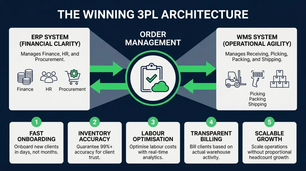 A corporate tech infographic on a deep blue background mapping out a 3pl system flow diagram. In the centre is a circular hub for order management, connected by green bidirectional sync arrows to an erp system card on the left (covering finance, hr, and procurement) and a wms system card on the right (covering picking, packing, and shipping). The bottom row features five numbered white cards highlighting the benefits of this integration: fast onboarding, inventory accuracy, labour optimisation, transparent billing, and scalable growth.