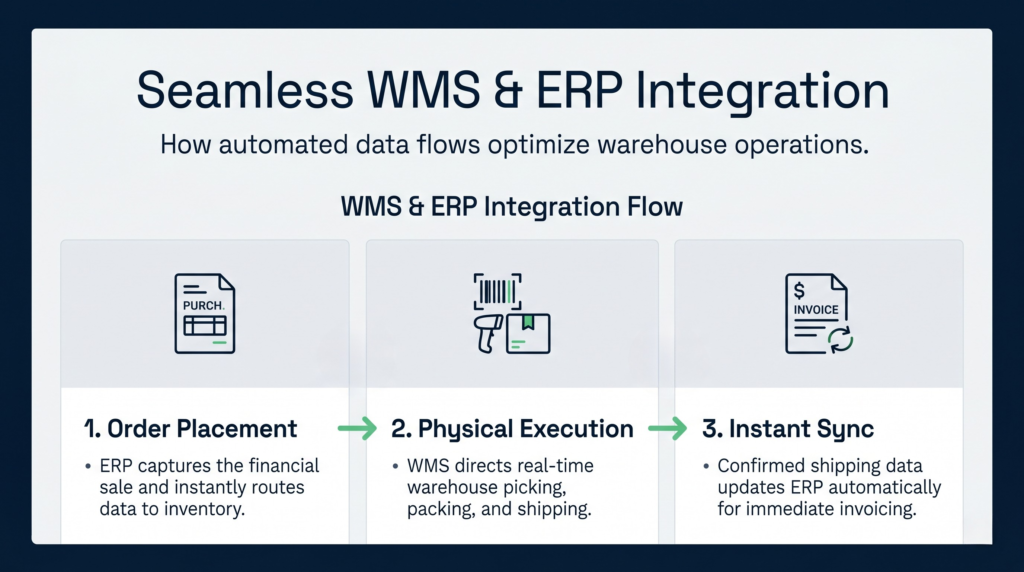 A horizontal infographic titled "seamless wms & erp integration" illustrating a three-step automated data flow: 1. Order placement, 2. Physical execution, and 3. Instant sync, showing how data loops between systems to optimise warehouse operations.