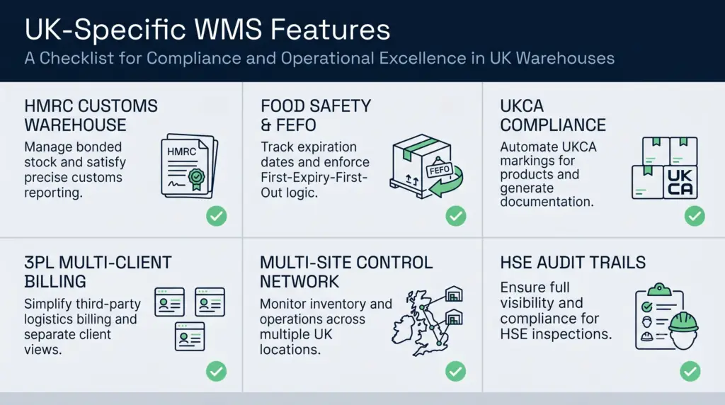 A clean, professional horizontal infographic titled "uk-specific wms features" with the subtitle "a checklist for compliance and operational excellence in uk warehouses. " the design uses a corporate blue and light grey colour palette arranged in a balanced three-by-two grid. Six key warehouse management features are displayed with minimalist line-art icons and distinct green checkmarks: hmrc customs warehouse management, food safety and fefo traceability, ukca compliance documentation, 3pl multi-client billing, multi-site control networks, and hse audit trails. Each module contains a brief, clear description explaining its operational or compliance benefit.