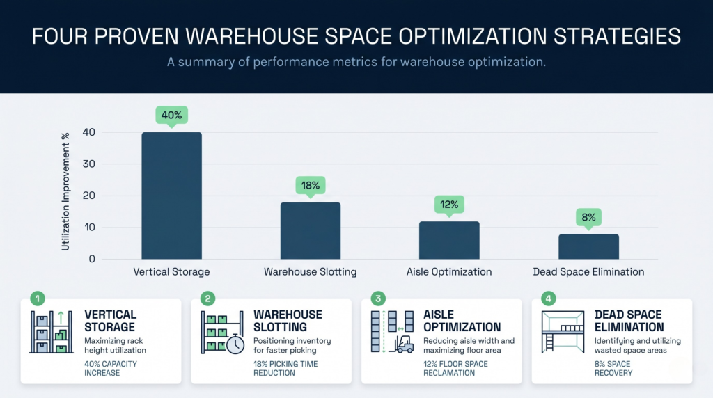 Comparison chart showing warehouse density gains from vertical racking, slotting, and aisle optimisation