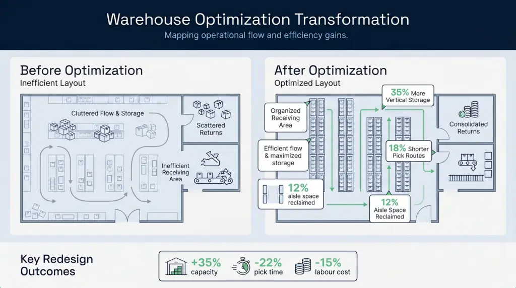 Warehouse layout before-and-after visual showing space optimisation improvements across receiving, storage, and dispatch zones