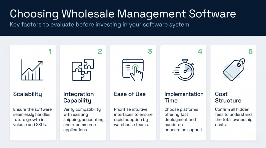 A professional 16:9 horizontal infographic titled "choosing wholesale management software" with a deep blue header panel. The layout features a clean, five-column modular grid with white cards numbered 1 to 5 in a soft green accent font. Each card contains a minimalist line-art icon and a short, single-sentence explanation for the key evaluation factors: scalability, integration capability, ease of use, implementation time, and cost structure.