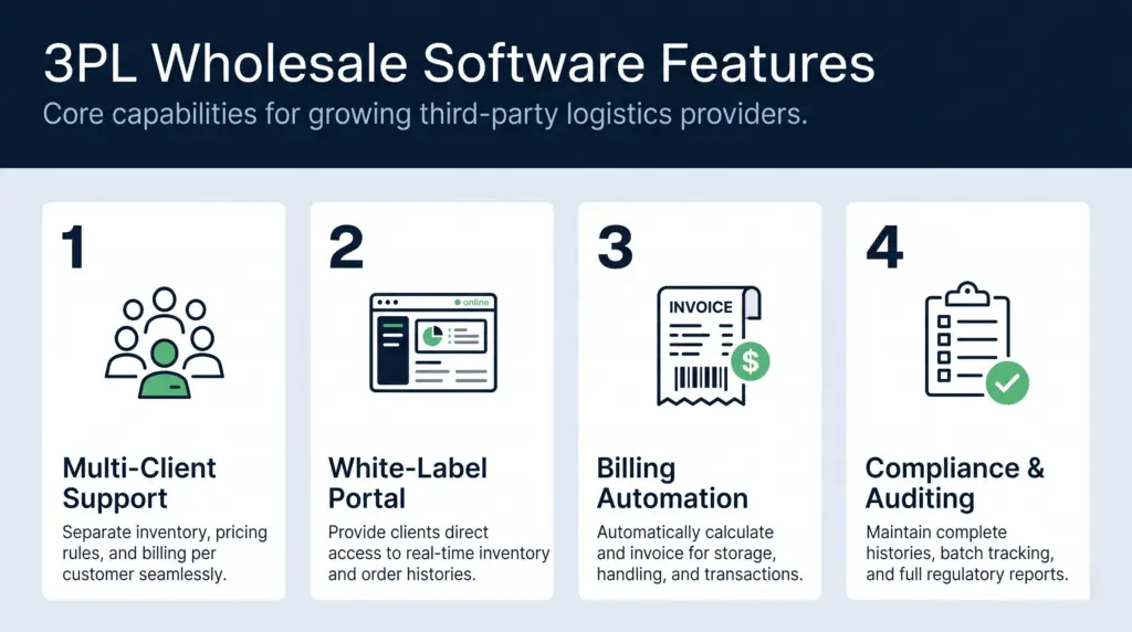 A professional, horizontal 16:9 infographic titled "3pl wholesale software features" featuring a dark blue top header and a clean, light-grey four-column grid layout. Each white modular card displays a bold dark number from 1 to 4, a simple line-art icon with subtle bright green highlights, a distinct heading, and a short descriptive sentence. The columns detail multi-client support with a user profiles icon, white-label portal with a dashboard screen icon, billing automation with an invoice icon, and compliance & auditing with an audited checklist icon.