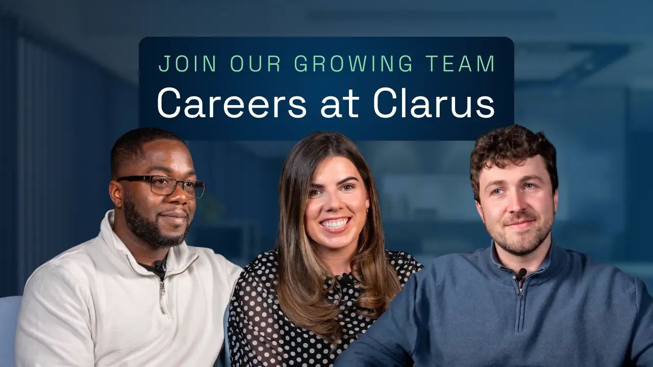 Careers at clarus video thumbnail showing three smiling team members and a join our growing team banner