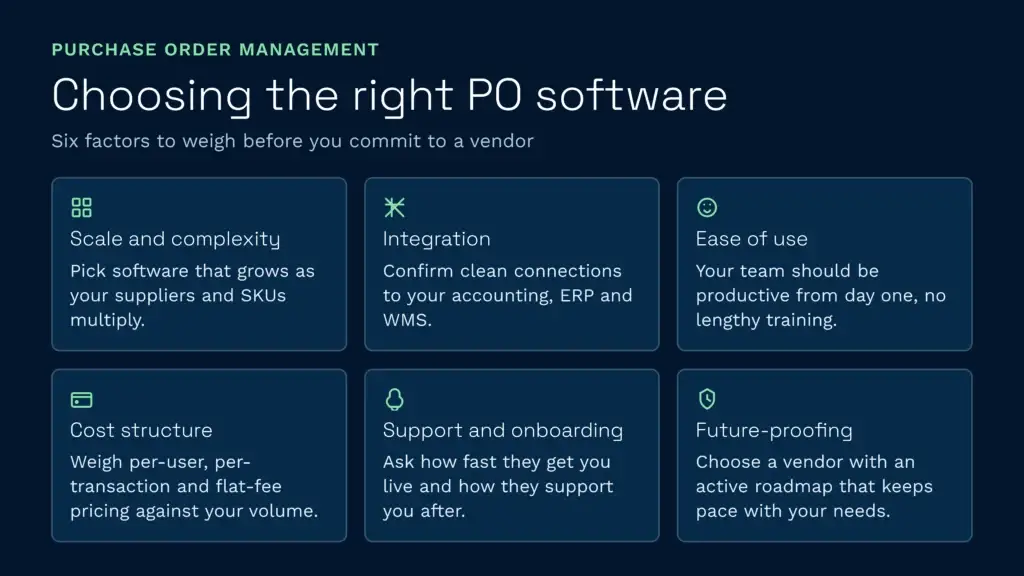 This clarus wms infographic outlines six crucial factors to weigh before committing to a new purchase order management software vendor. These key considerations include evaluating the system's scale and complexity, integration capabilities, ease of use, cost structure, onboarding support, and future-proofing roadmap.