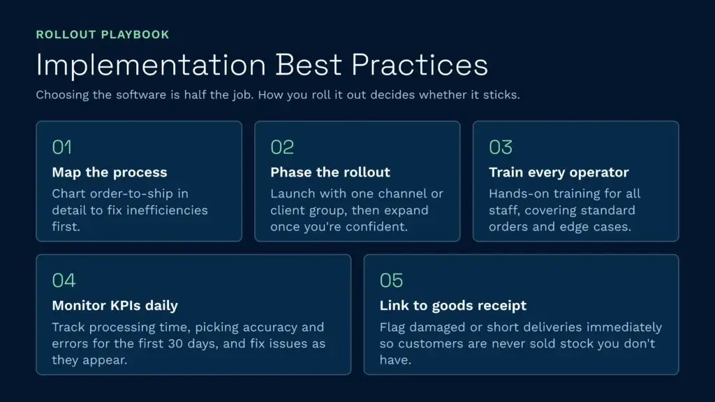 Clarus wms implementation best practices | clarus wms This rollout playbook infographic details five essential best practices for a successful warehouse management system deployment, including process mapping, phased rollouts, and hands-on training. Following these strategic steps ensures your new clarus wms software is adopted efficiently and maximises your operational performance.