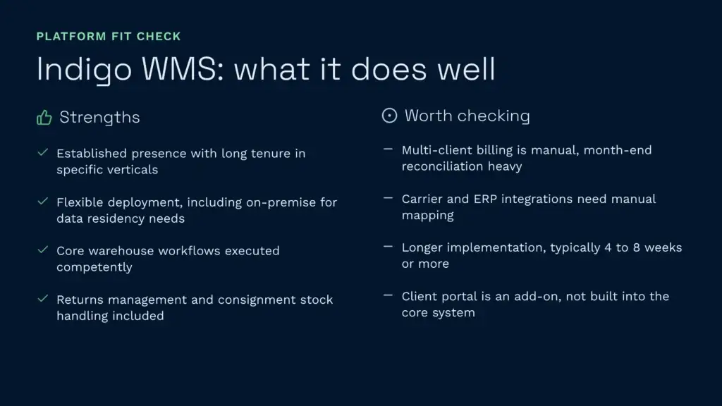 Indigo's returns and on-premise strengths against slower rollout and manual billing.