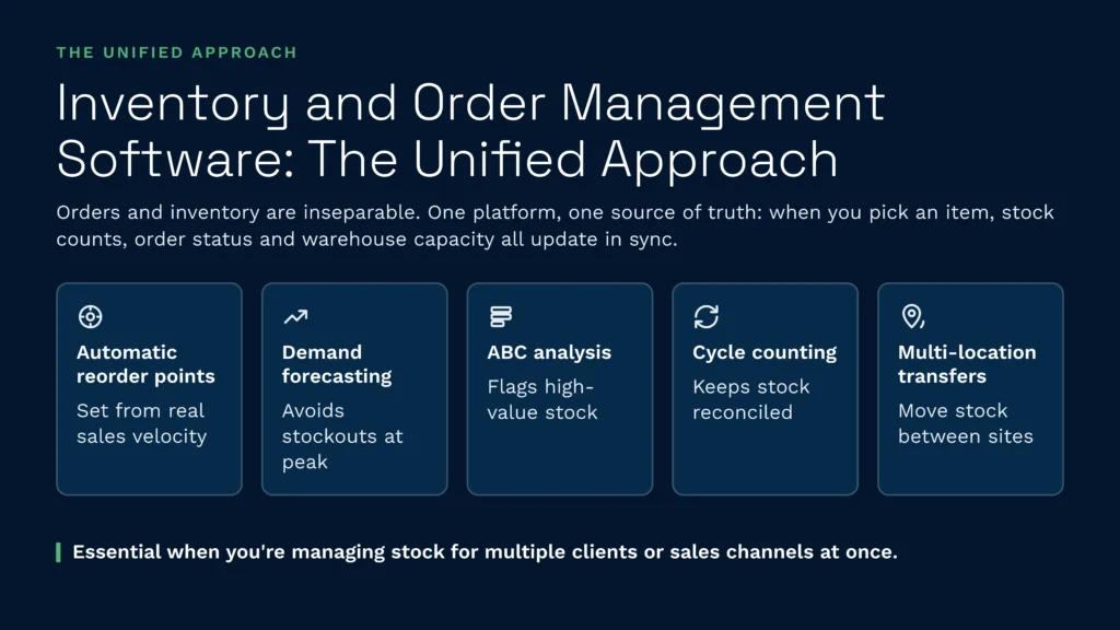 Clarus wms unified inventory and order management software | clarus wms Clarus wms provides a unified inventory and order management software platform that automatically synchronizes stock counts, order statuses, and warehouse capacity. Key features for managing multiple clients or sales channels include automatic reorder points, demand forecasting, abc analysis, cycle counting, and multi-location stock transfers.