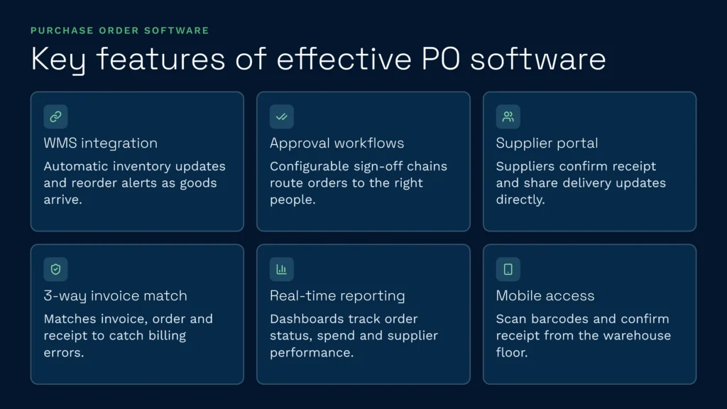 The infographic po software key features infographic-selection. Jpg outlines six essential capabilities of effective purchase order software, including wms integration, approval workflows, and mobile access. Utilizing these key features ensures optimized warehouse operations, accurate invoice matching, and streamlined inventory management for platforms like clarus wms.