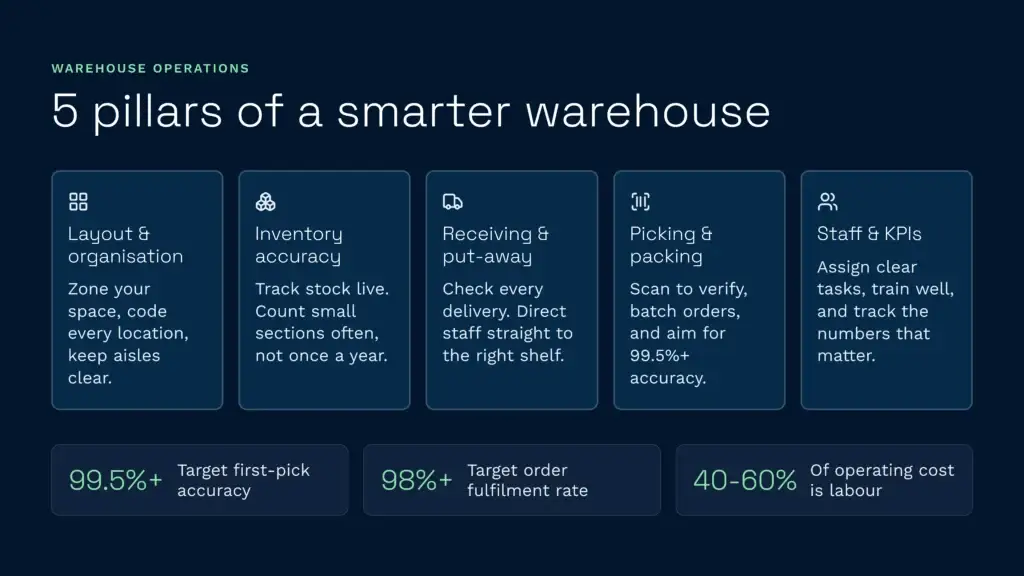 An educational infographic outlining the five pillars of efficient warehouse operations: layout and organisation, inventory accuracy, receiving and put-away, picking and packing, and staff kpis. Implementing a warehouse management system helps achieve key performance targets like high order fulfilment rates and optimised labour costs.