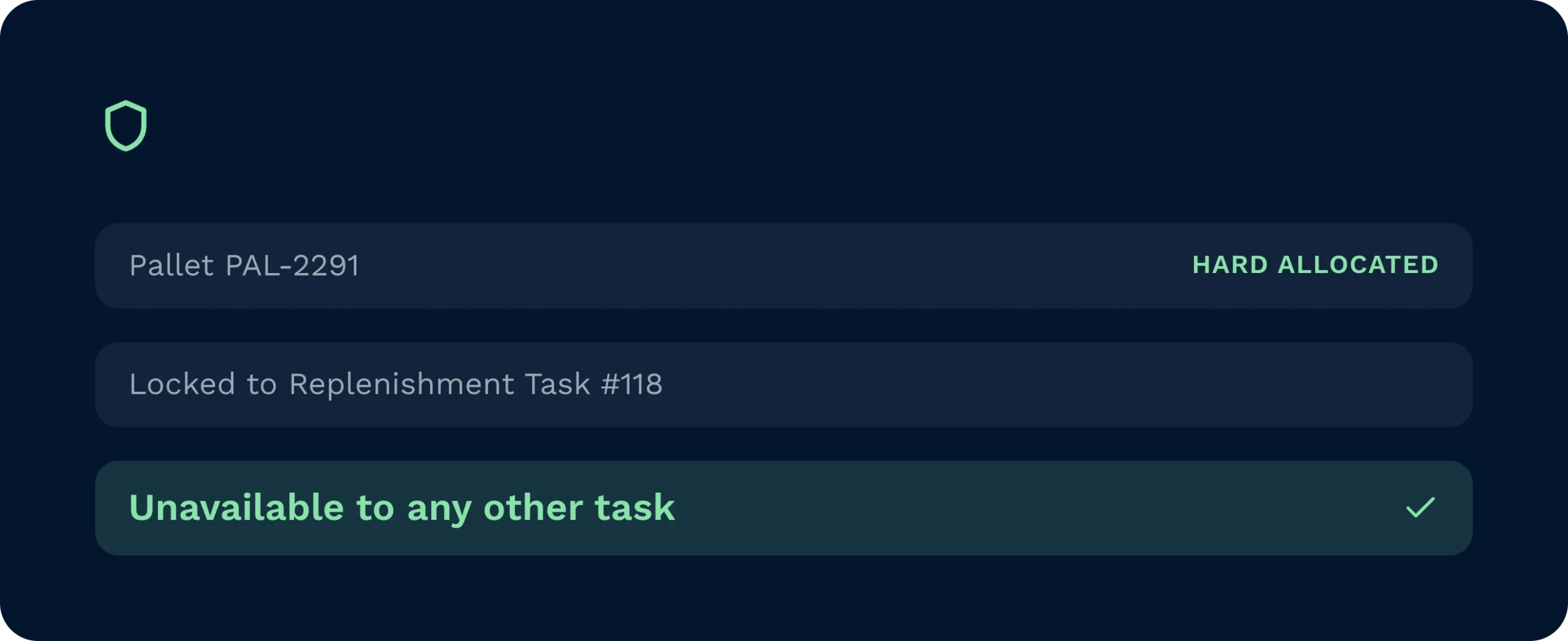 A warehouse management system interface displaying a pallet that is hard allocated and securely locked to a specific replenishment task. The software ensures this inventory remains unavailable to any other operations, preventing conflicting stock movements.