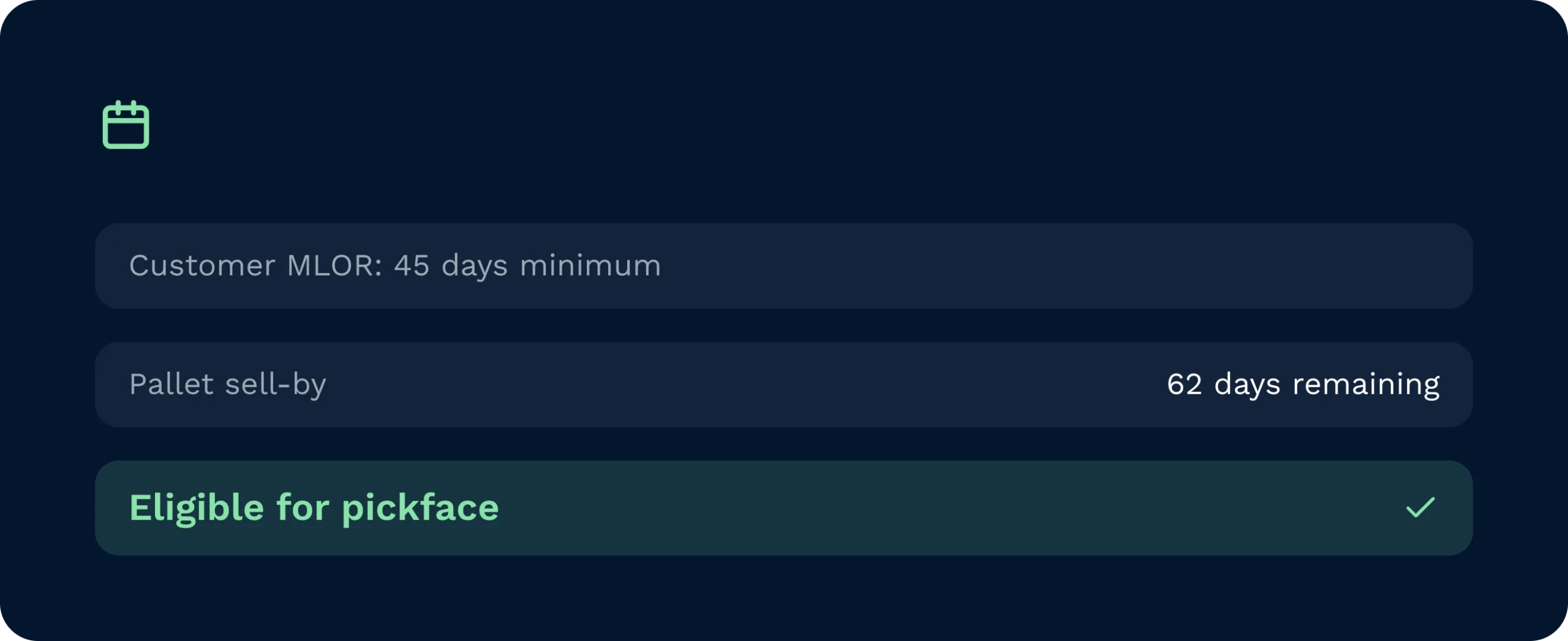 A warehouse management system interface evaluating inventory against customer minimum life on receipt requirements. The software automatically calculates remaining sell-by dates to confirm if a pallet is eligible for the pickface.