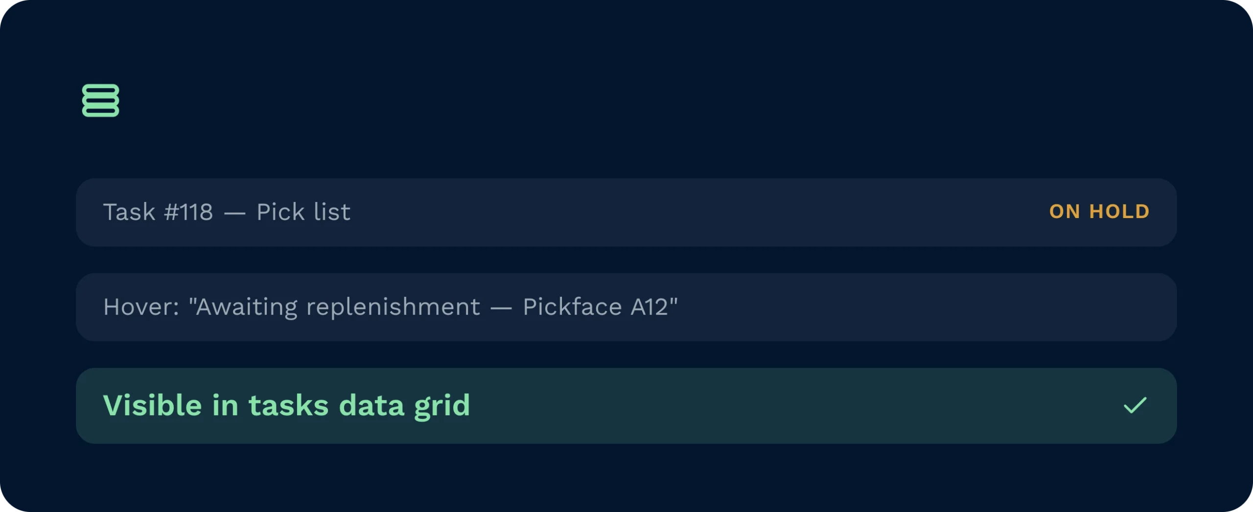 A warehouse management system interface displaying a pick list task placed on hold while awaiting inventory replenishment at the pickface. The software ensures this status remains fully visible within the tasks data grid to maintain complete operational transparency.